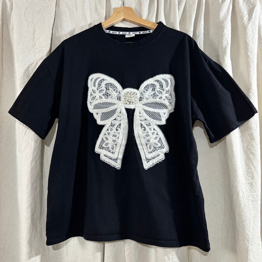 Black Cotton Coquette Bow T-Shirt White Lace Pearl Applique Size L